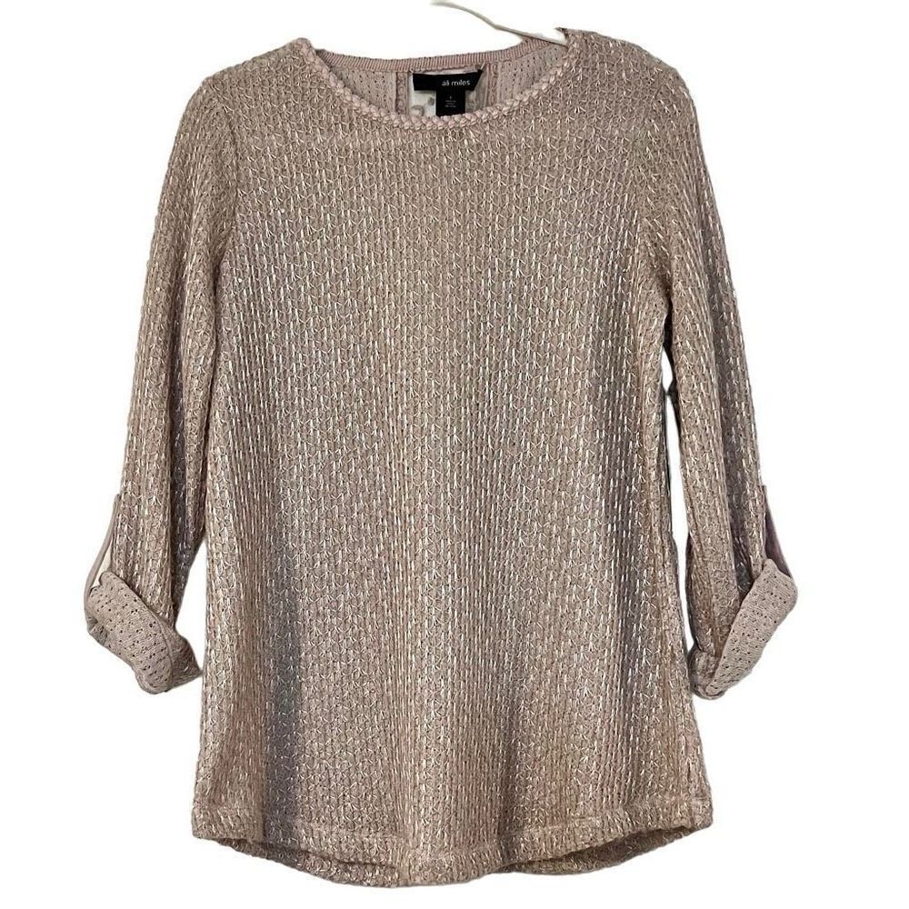 NWT Ali Miles Sparkle Blush 3/4 Sleeve Embroidered Sweater Sheer Back Small